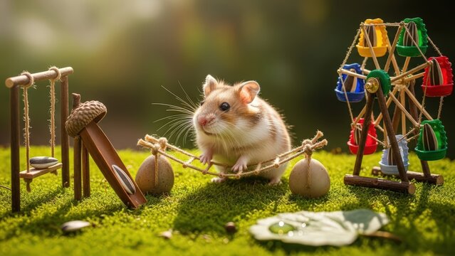 A cute hamster enjoying a miniature playground with a Ferris wheel and swing set. - Powered by Adobe