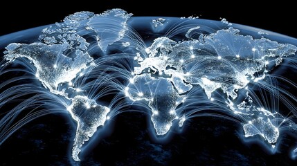 connection scene with abstract world map and flowing network lines