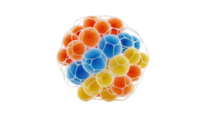 Abstract 3D render of colorful spheres in a mesh net