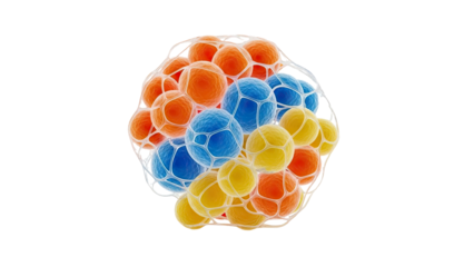 Abstract 3D render of colorful spheres in a mesh net