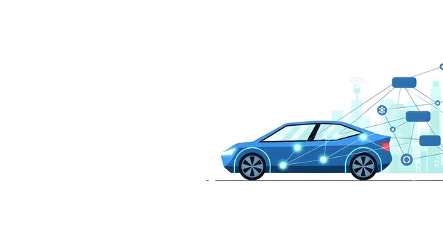 自動運転とスマートモビリティのフラットデザインイラスト。次世代交通システム、MaaS、V2X通信、DX推進のコンセプト、左側に広いコピースペース。