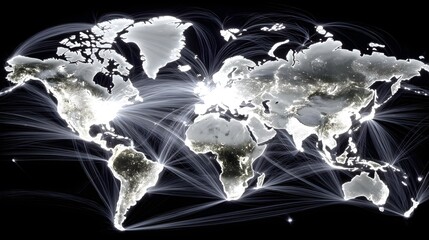 connection scene with abstract world map and flowing network lines