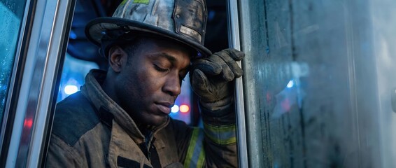 Black firefighter exhausted, head resting on truck window, reflecting on duty Concept of sacrifice, resilience, and heroism