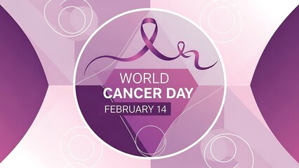 World Cancer Day February 14th: Soft gradient background with a central circle featuring a purple ribbon and text for awareness.