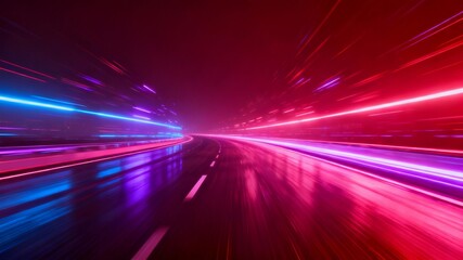 Bright red and pink futuristic lights sweep across a high-speed road, creating a dynamic digital energy scene filled with motion, neon glow, and abstract technology innovation in virtual space