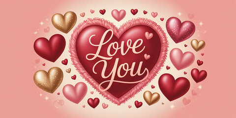 Festive Valentine's Day featuring a large red fluffy heart with Love You" surrounded by gold and pink hearts