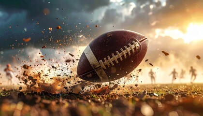 A brown leather pigskin american football ball sits on green grass as a vector illustration icon for sports game equipment and team competition design