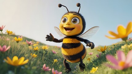 Friendly cartoon bee smiling flower field