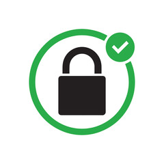Secure padlock icon with green checkmark in modern flat design style