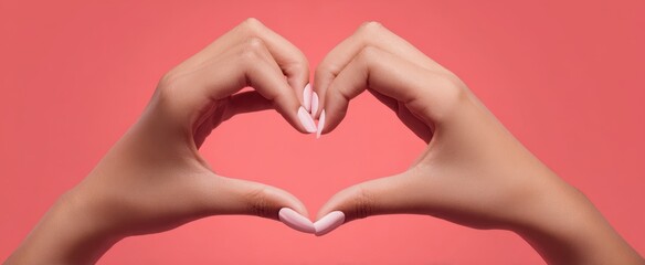 Obraz premium The Hands Forming Heart Shape With Pink Manicure Against Coral Background