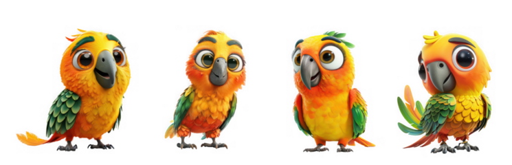 a collection of four adorable cartoon parrots in various poses on transparent background high quality professional