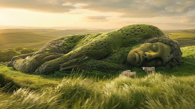 Giant Statue: Envision a colossal, moss-covered statue peacefully resting on a verdant hill, its gentle features sculpted into the earth, embracing the essence of tranquility and serenity.