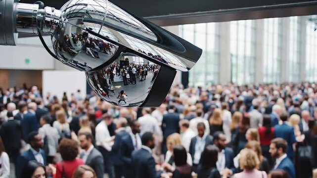 Close-Up of Dome Security Camera Monitoring Large Blurred Crowd of People Below, Surveillance Concept, Generative AI