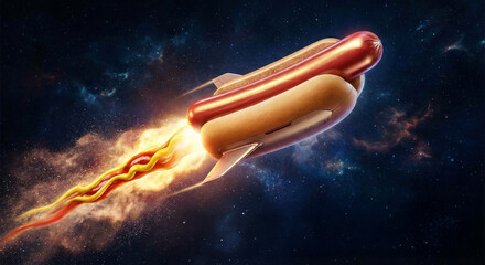 Hot Dog Rocket Ship Launching into Space with Mustard Jet Trail - Fast Food Delivery Concept