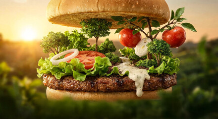 Fresh Organic Burger Concept with Miniature Forest, Waterfall, and Living Plants inside - Healthy Eating