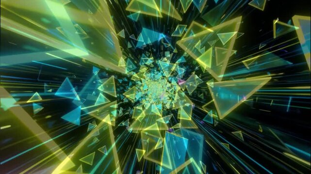 Abstract Neon Triangle Explosion &ndash; Futuristic Geometric Shapes Flying in Dark Space loop video