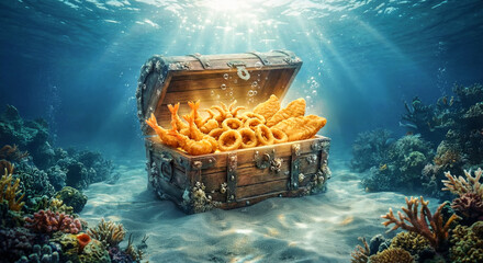 Underwater Sunken Treasure Chest Overflowing with Fried Shrimp and Seafood Delicacies - Ocean Fantasy