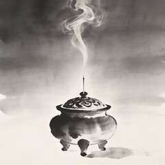 Aromatic incense burner with smoke drifting in monochrome style  