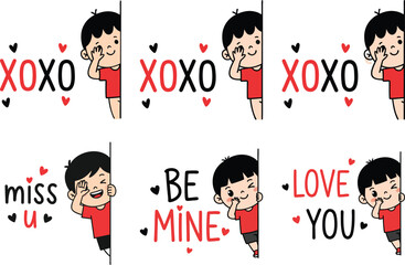 Cute Valentine typography quotes set with boy peeking character illustration