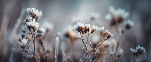 The frosted wildflowers standing in a soft winter morning bokeh landscape