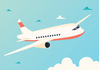 Modern Commercial Airplane Flying Through Clear Blue Sky in Flat Vector Style