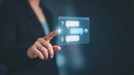 A person interacting with a futuristic digital interface with chat bubbles