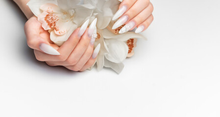 Woman's hands displaying elegant stiletto nails with orchids