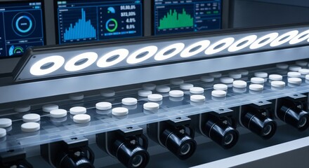 Automated manufacturing line with inspection cameras and digital displays showing production data
