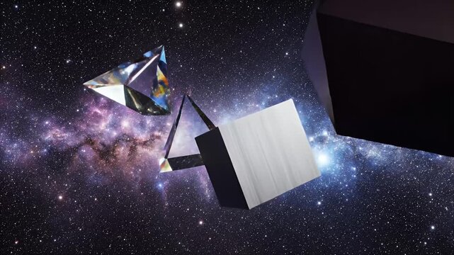 Abstract geometric objects floating in space against a starry background