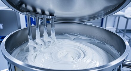 Industrial mixer blending smooth white cream inside a large stainless steel vat with rotating blades