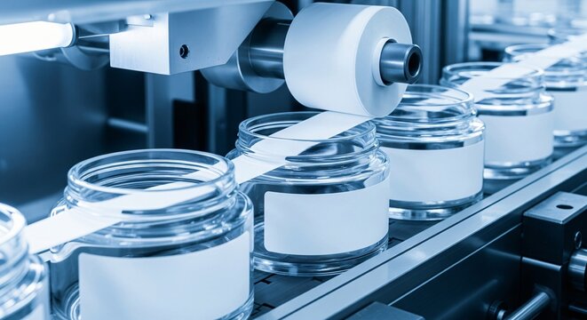 Automated labeling machine applying blank labels to glass jars on a production line