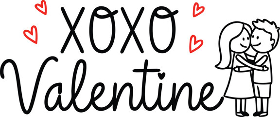 XOXO Valentine hand lettering typography with cute couple illustration