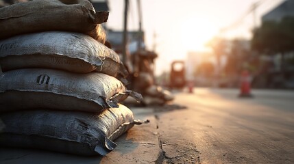 Broken cement road and white plastic bag.