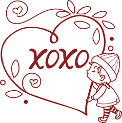 XOXO Valentine hand lettering typography with cute couple illustration