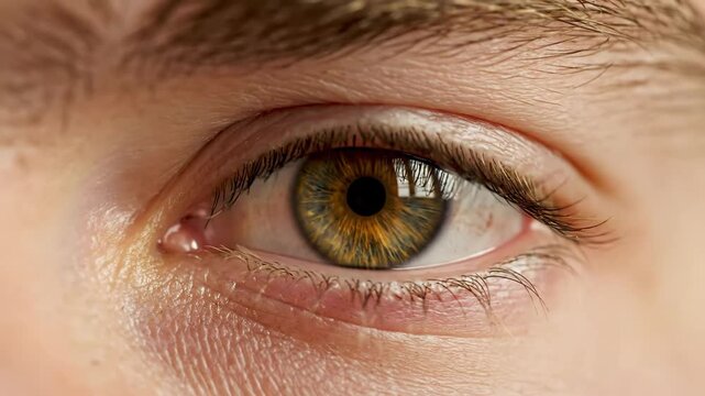 Extreme closeup of a human eye with a striking golden-brown iris and detailed lashes and brow hairs