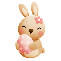 Watercolor illustration of a cute beige bunny holding a pink Easter egg, isolated on white background. Adorable nursery animal character