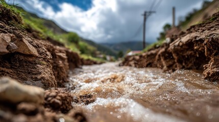 Cracked asphalt road with shimmering water droplets at sunset