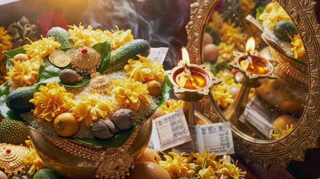 Vishu Celebration Rituals Featuring Traditional Offerings, Flowers, Coins, and Decorative Items in a Cultural Setting