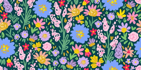 Floral print for fabric, textile products, packaging. Seamless repeating vector pattern. Colorful flowers on a dark background.