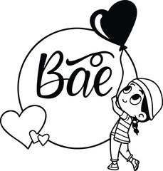 Bae Valentine typography with cute girl holding heart balloon illustration