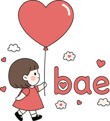Bae Valentine typography with cute girl holding heart balloon illustration