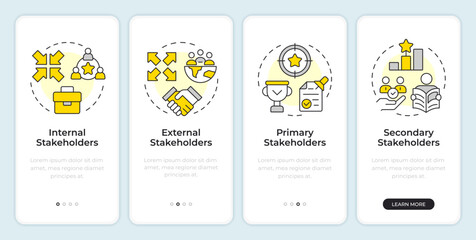 Types of stakeholders onboarding mobile app screen. Business growth. Walkthrough 4 steps editable graphic instructions with linear concepts. UI, UX, GUI. Montserrat SemiBold, Regular fonts used