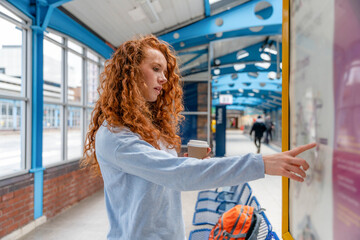Woman looking at a map while holding a coffee cup at a transportation station