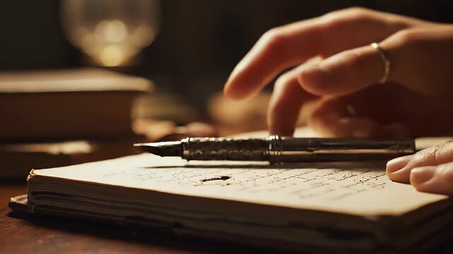 Close up of hand writing with fountain pen on paper