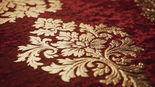 Close up of ornate golden floral pattern on red textile