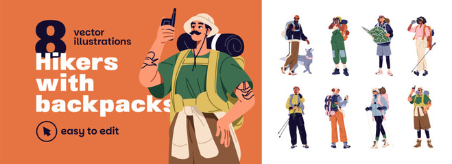 Hikers with backpacks set. Backpackers are hiking with maps, binoculars, and knapsacks. Tourists travel with trekking equipment and rucksacks. Flat isolated vector illustrations on white background