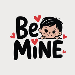 Be mine Valentine hand lettering typography with cute boy illustration