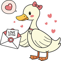 Cute goose holding love letter with hearts Valentine illustration