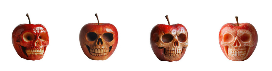 a series of four apples with skull faces a macabre and artistic display on transparent background