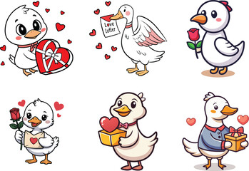 Cute duck character illustration set with gifts and hearts Valentine design